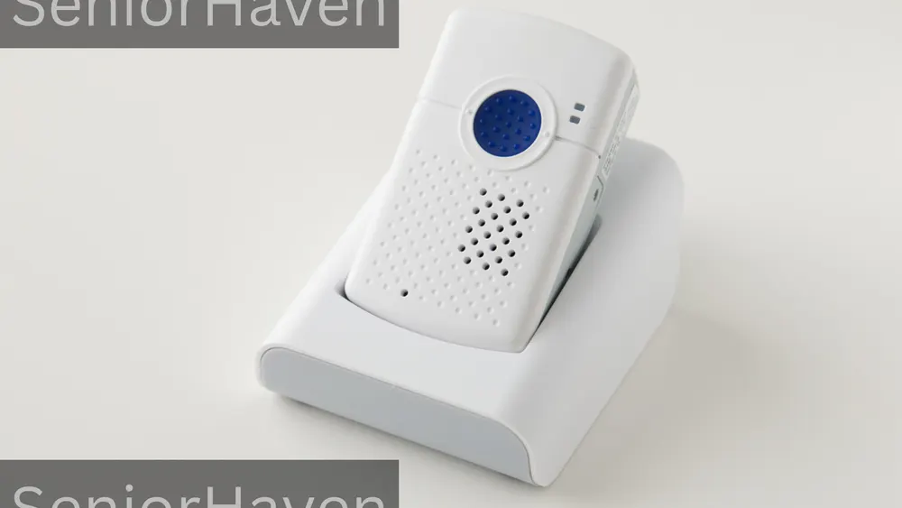A plain white device with a large blue button sitting in its white charging cradle on a light surface.