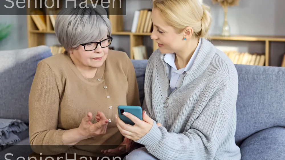 A younger woman showing an older woman a phone while they sit together on a sofa at home.