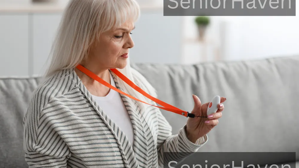 An older woman sitting on a sofa at home, holding a small white pendant device on an orange lanyard.