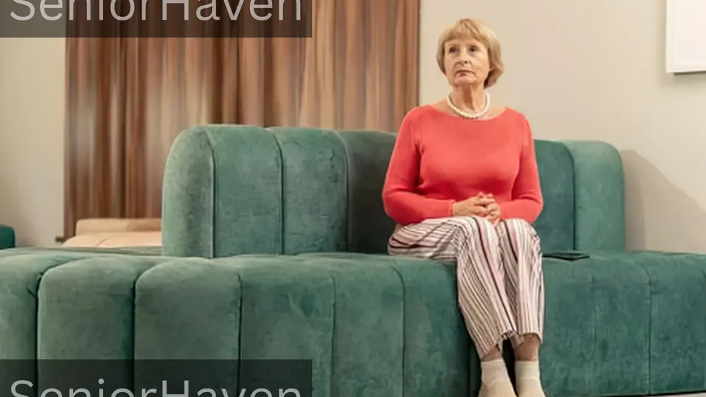 An older woman sitting on a green sofa in a living room, hands clasped.