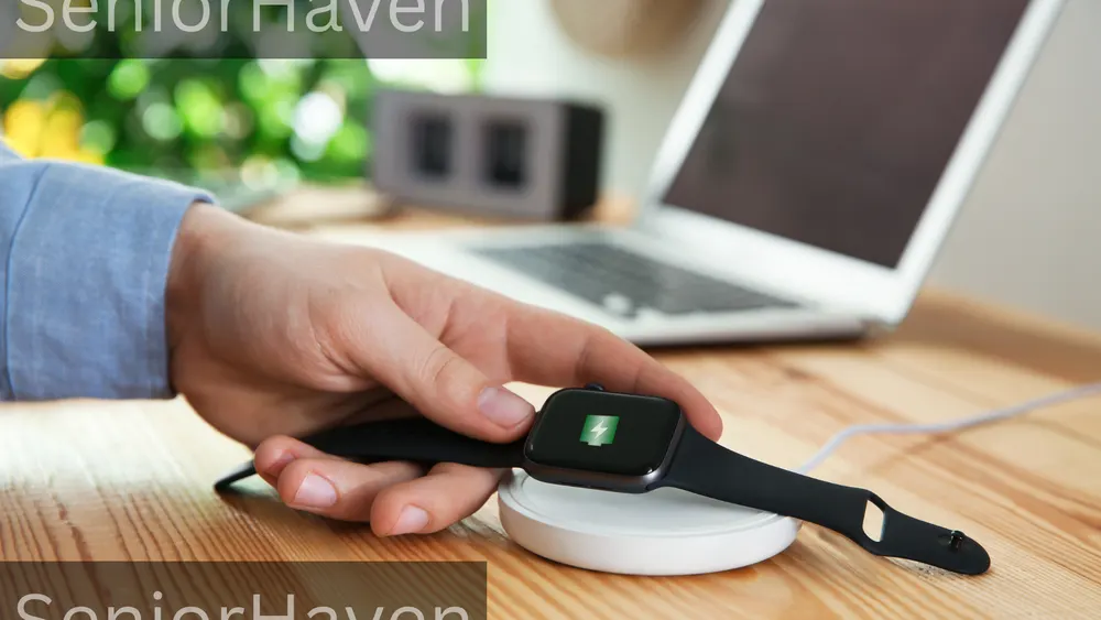 A hand placing a black smartwatch on a round white charging pad on a wooden table, with a laptop behind it.