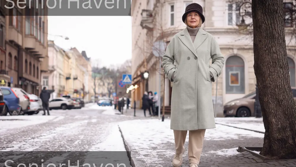 An older woman in a winter coat and hat walking on a snowy street.
