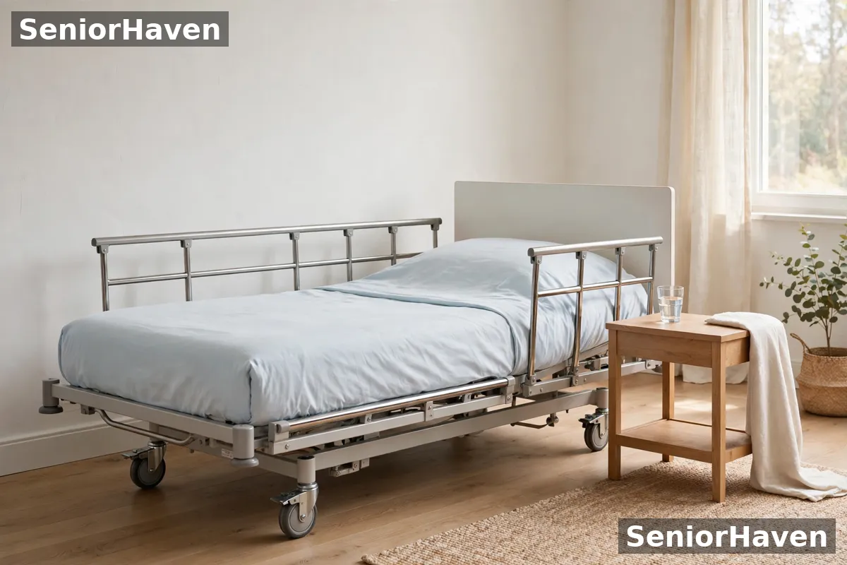 A hi-lo hospital bed at a low height beside a bedside table, with side rails and lockable castors visible