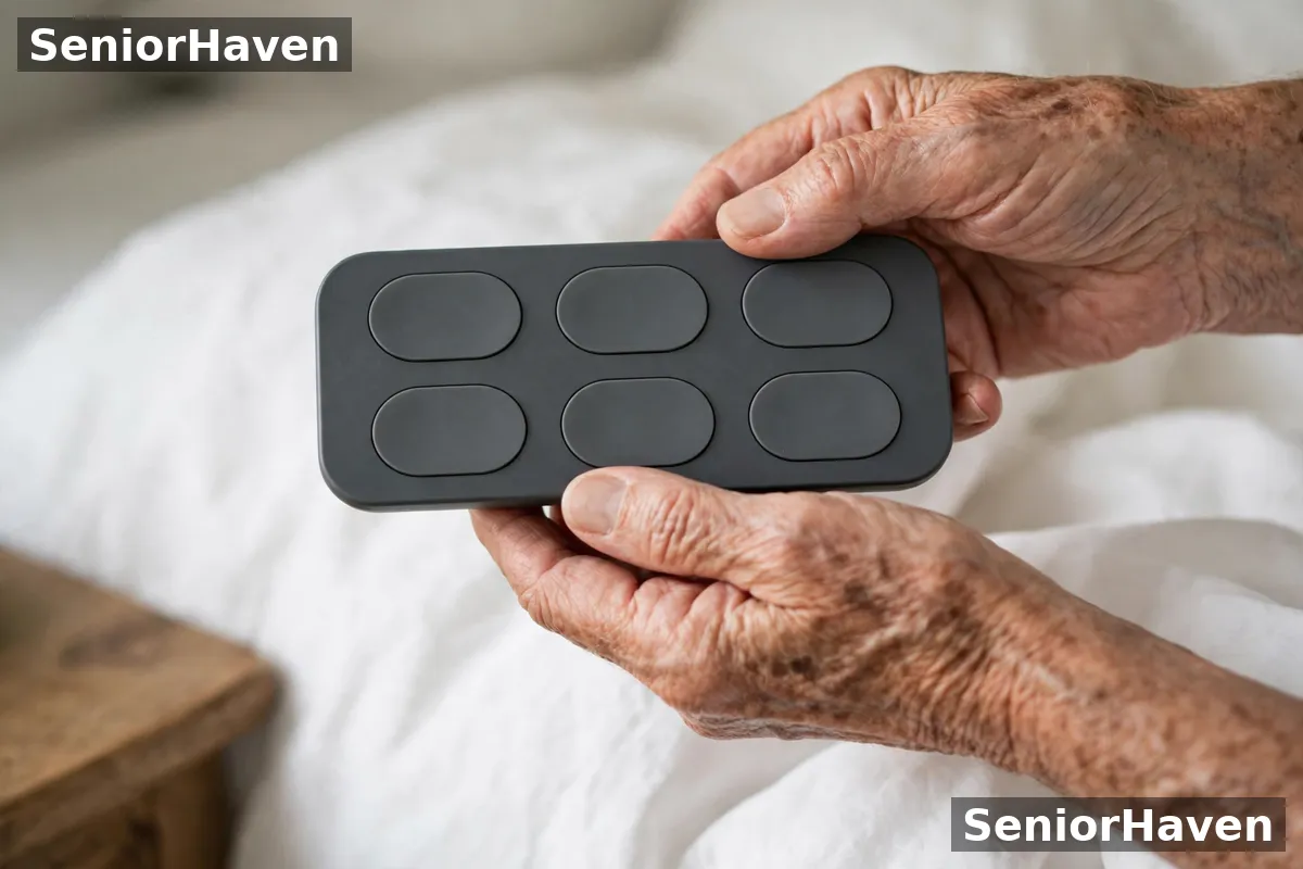 An older person's hands holding a wireless remote with large buttons over white bedding