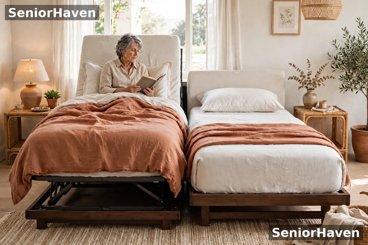 A split king bed with the left half raised for reading and the right half flat, showing the centre split