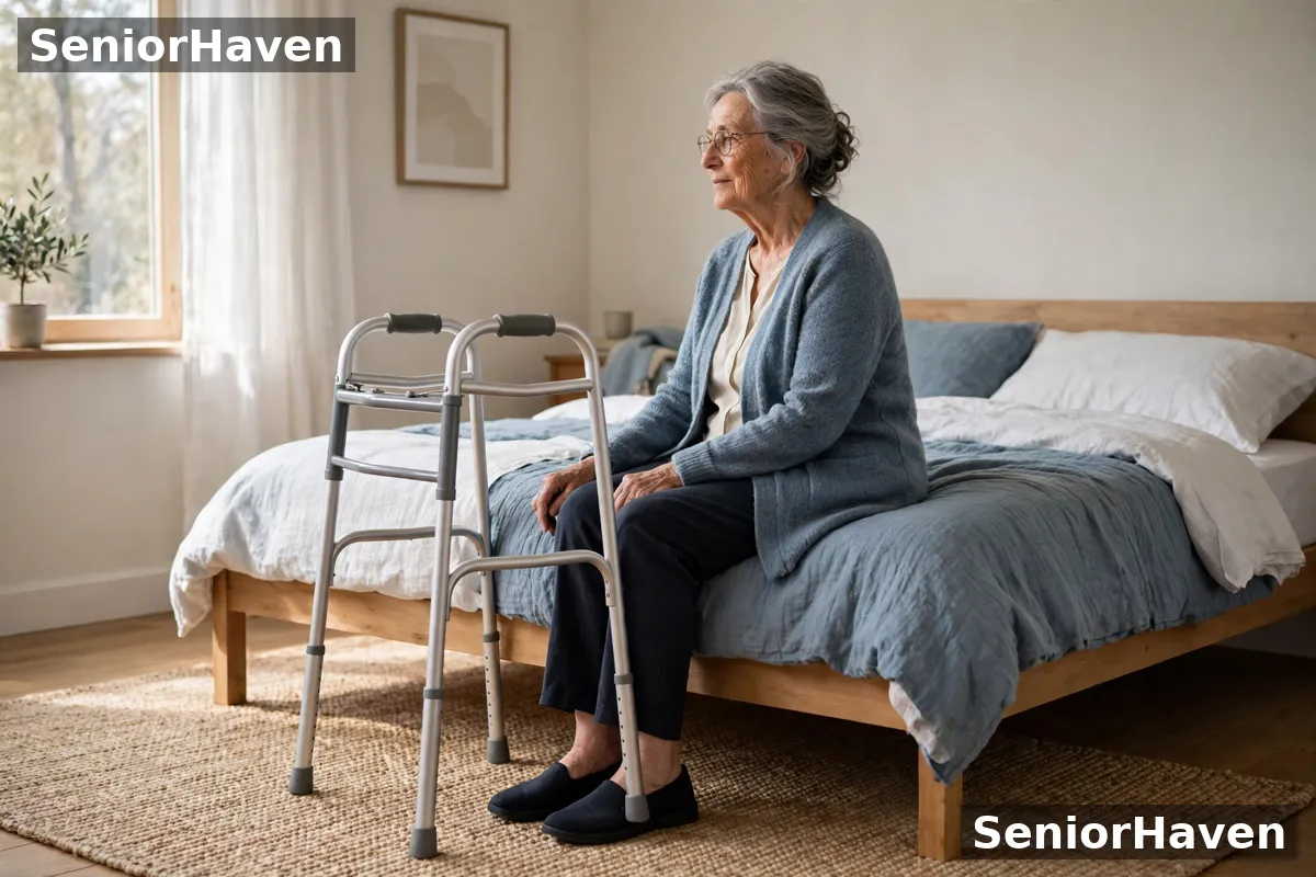 An older woman sitting on the edge of a low bed with her feet flat on the floor and a walker within reach