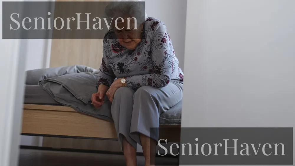 A senior woman sitting on the edge of a bed, leaning forward as if ready to stand