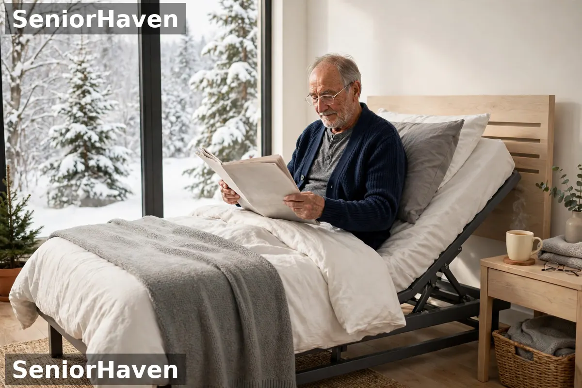 An older man reading a newspaper in a bed with its head end raised, snow-covered evergreens outside the window