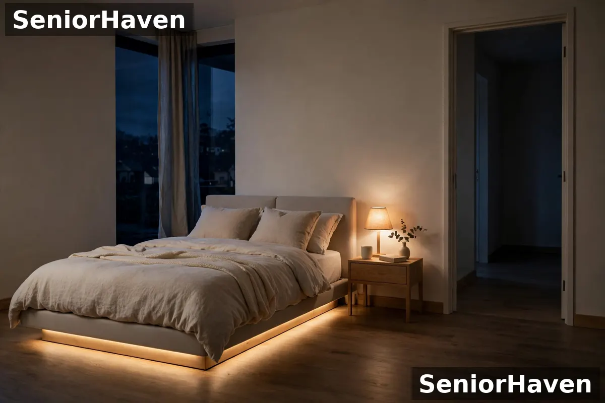 A bedroom at night with warm under-bed lighting on the wooden floor and a clear path to an open doorway
