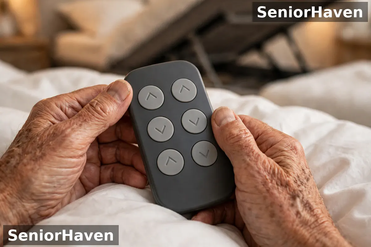 An older person's hands holding a wireless remote with six large arrow buttons over white bedding