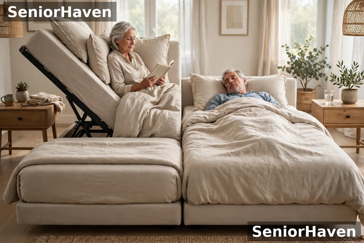A split bed with the left side raised and a woman reading, and the right side flat with a man asleep