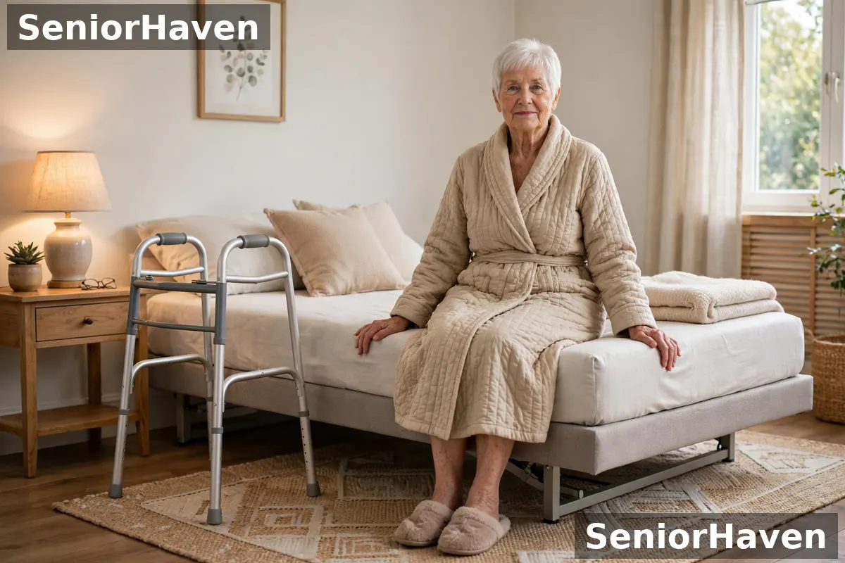 An older woman sitting on the edge of a low bed with her feet flat on the floor and a walker within reach