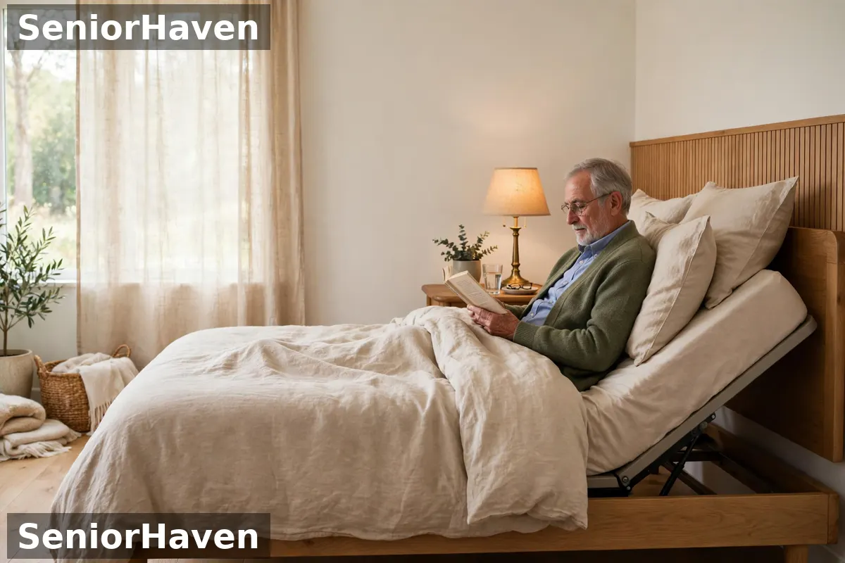 An adjustable bed with its head end raised close to the headboard, bedside table and lamp within reach