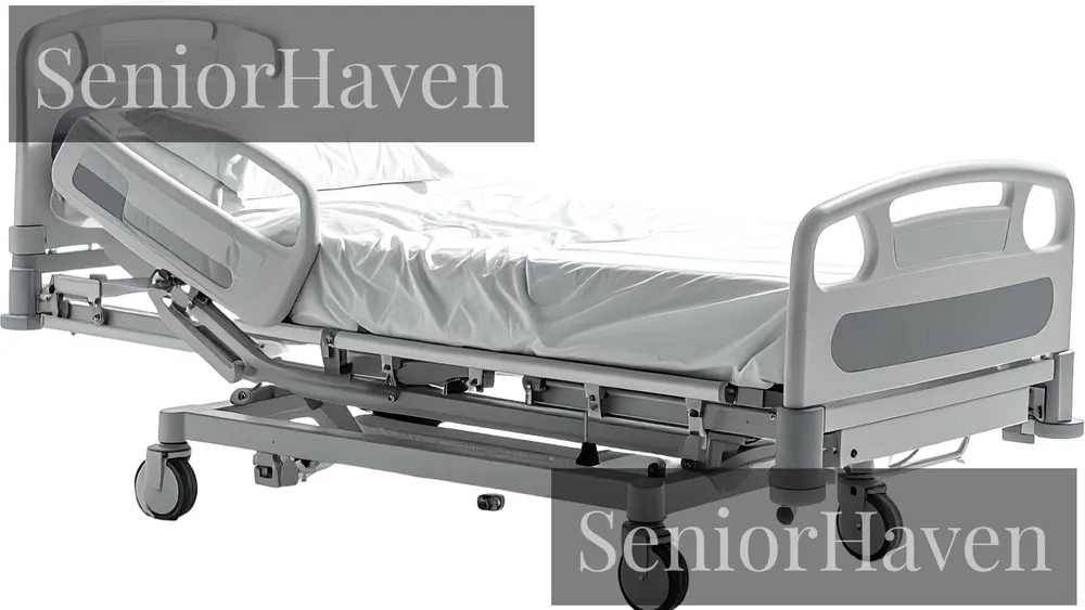 An adjustable hospital-style bed with the head section raised and the mattress bending at the hinge
