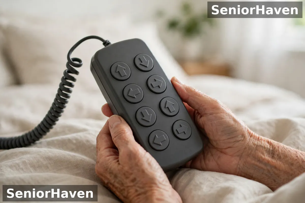 An older person's hands holding a large-button wired handset for an adjustable bed