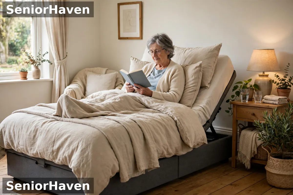 An electric profiling bed with the head and foot raised, an older person sitting up reading in a bright bedroom