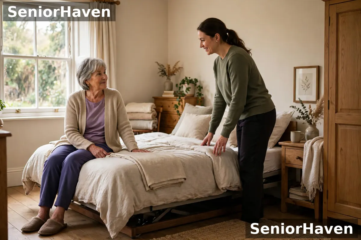 A profiling bed lowered close to the floor beside a carer, showing the low height used for safer transfers