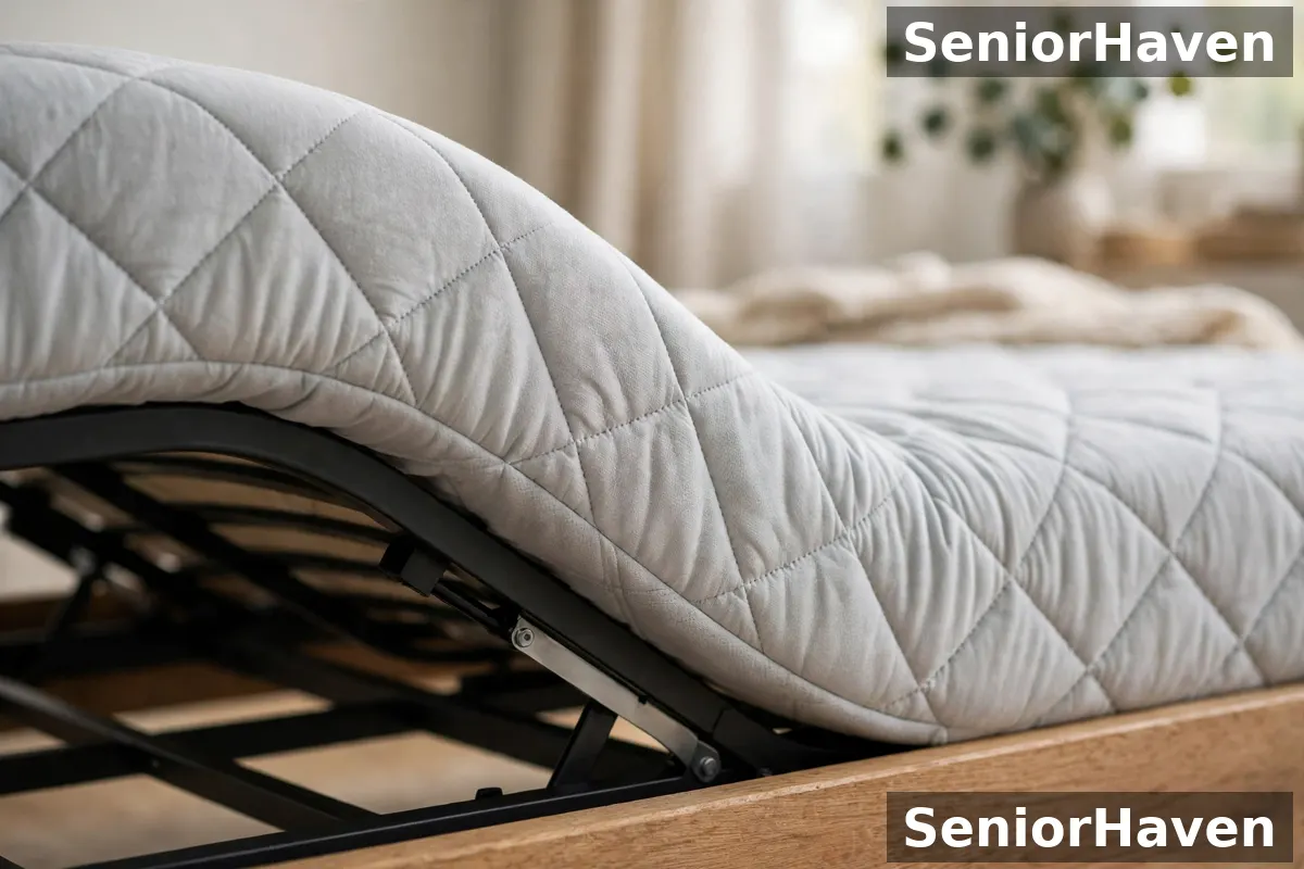 A flexible mattress bending at the hinge of an adjustable base, showing how the mattress follows the raised head section