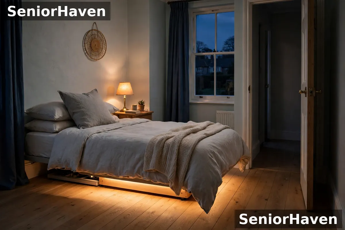 A bedroom at night with the bed low and a soft under-bed light marking a clear path across the floor