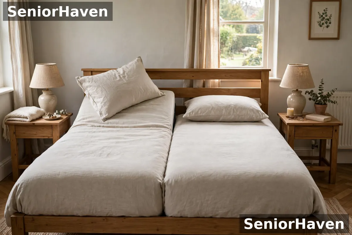 A double bed with the two sides at different angles, one side raised for reading and one side flat for sleeping