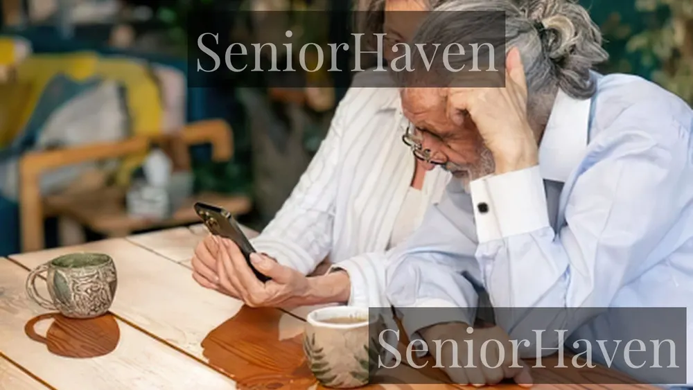 Two people at a wooden table, one holding a phone