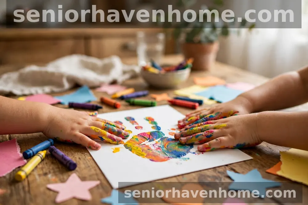 A child's paint-covered hands pressing a handprint onto a white card, with crayons nearby