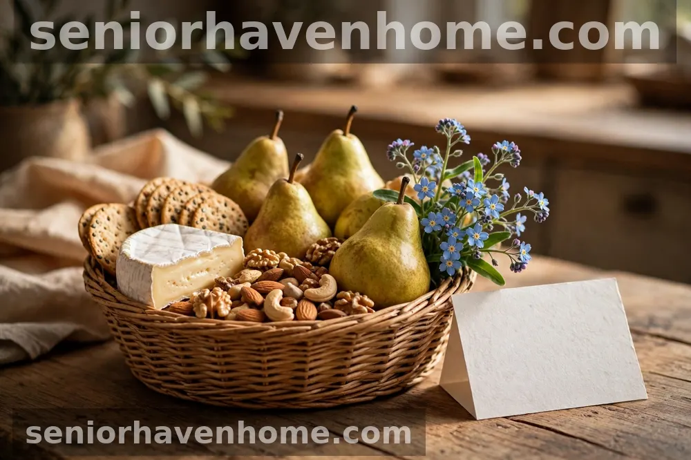A gift basket with pears, cheese, crackers and nuts, with blue forget-me-not flowers and a blank card beside it