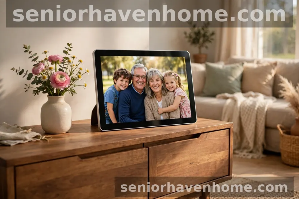 A digital photo frame on a wooden sideboard showing a family photograph of grandparents and grandchildren