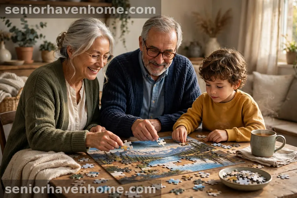 Grandparents and a young grandchild working on a jigsaw puzzle together at a table