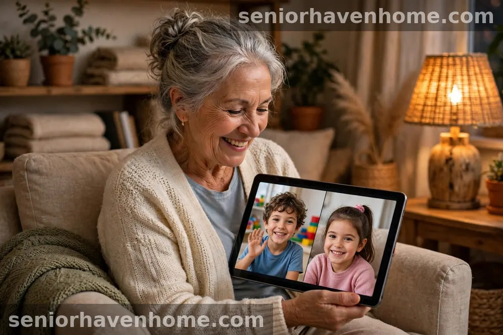 An older woman smiling at a tablet video call with two grandchildren