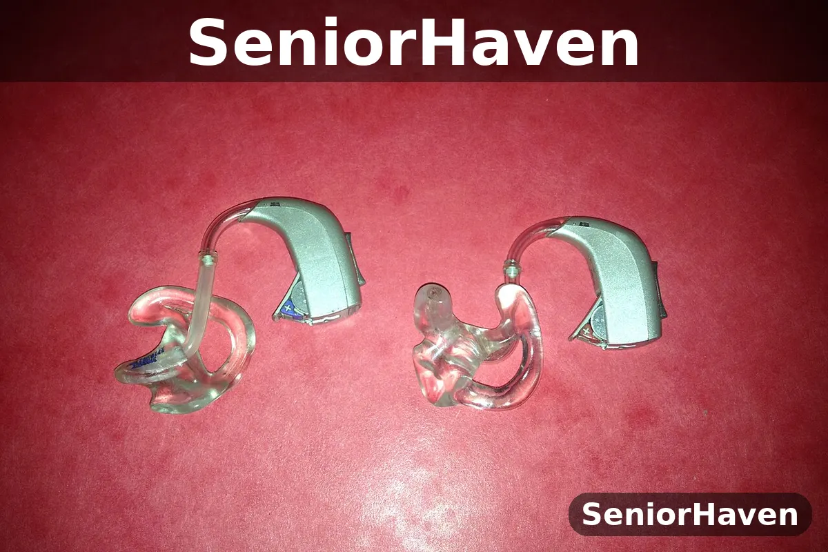 Two behind-the-ear hearing aids with clear custom earmoulds on a red background