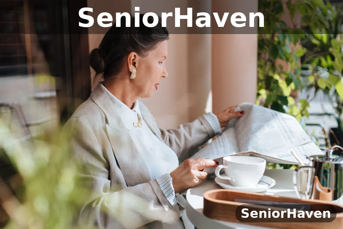 An older woman reading a newspaper at a café table with a cup of coffee