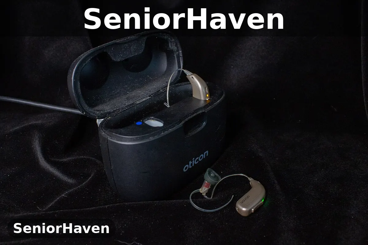 Oticon hearing aids in and beside an open charging case on dark fabric