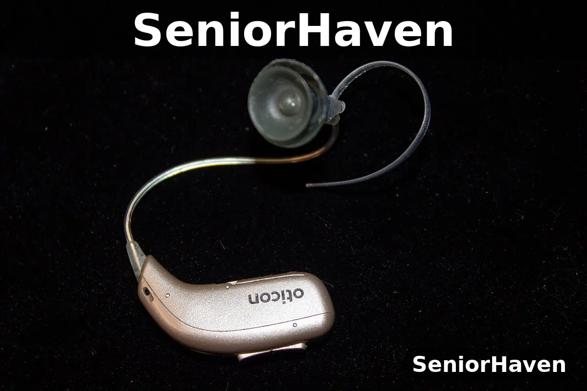 A single Oticon receiver-in-canal hearing aid with its thin wire and dome, on a black background