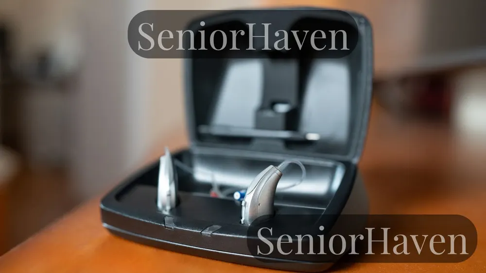 Hearing aids resting in an open black charging case on a wooden table