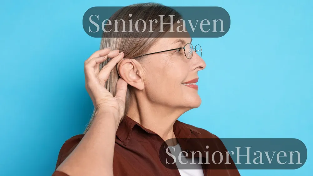 A senior woman in profile wearing glasses, with her hand at her ear, against a blue background