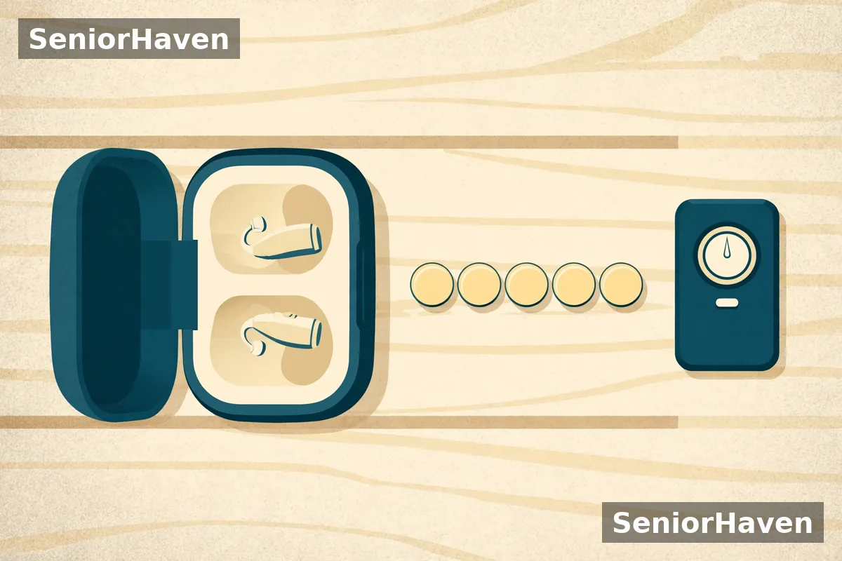 Illustration of a rechargeable hearing aid charging case beside small disposable hearing aid batteries and a battery tester