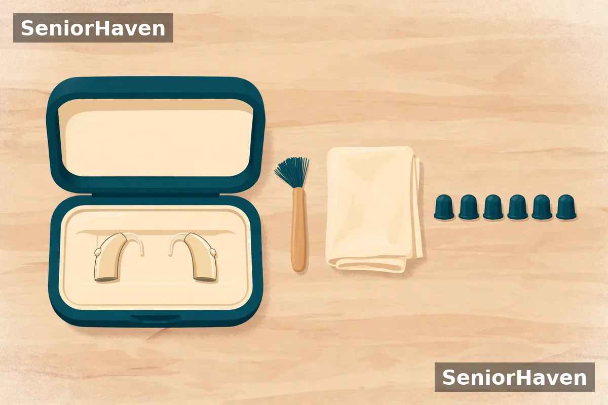Illustration of hearing aids in an open case with a cleaning brush, cloth, and small wax-guard tools beside them