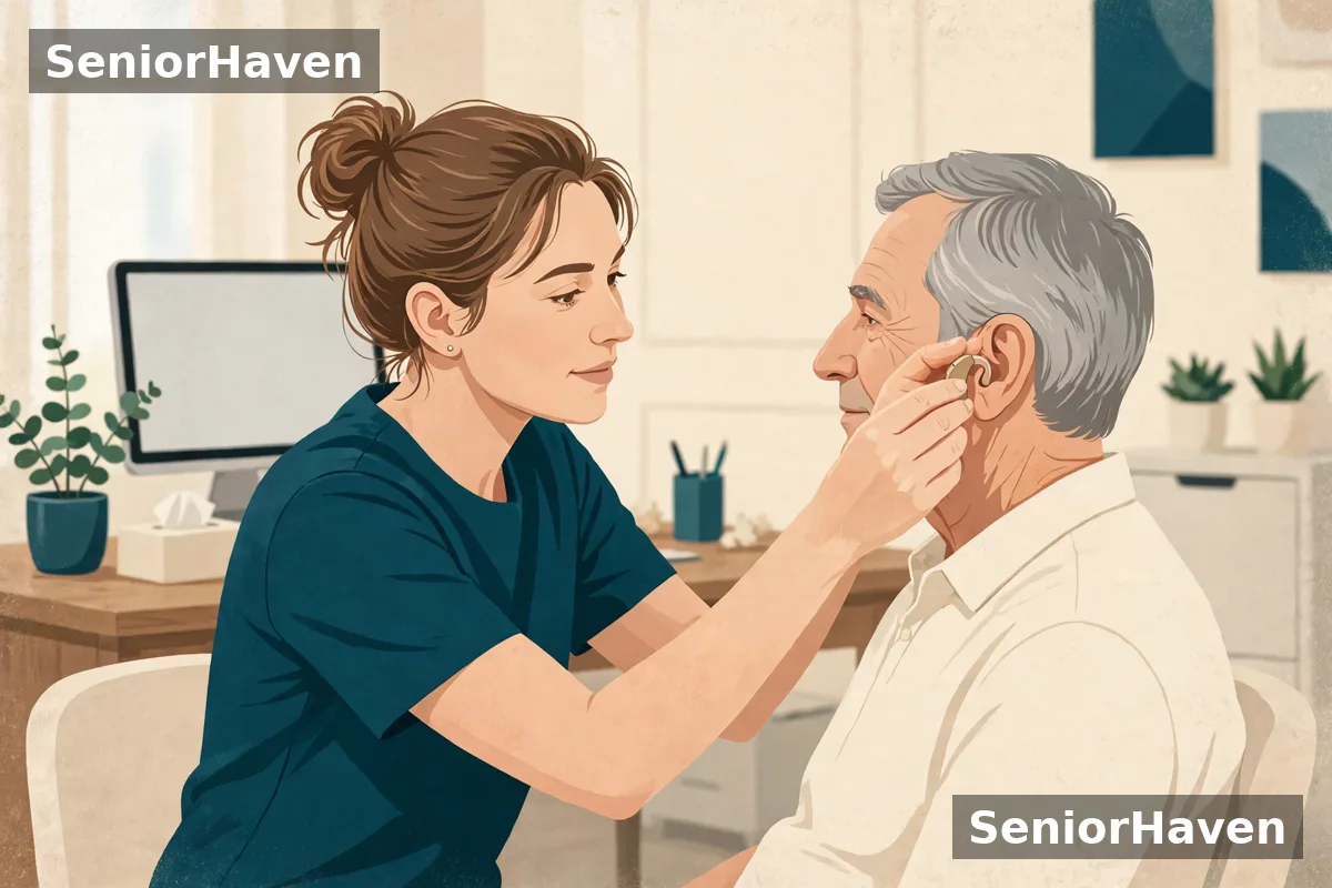 Illustration of a clinician fitting a hearing aid behind an older person's ear during an appointment