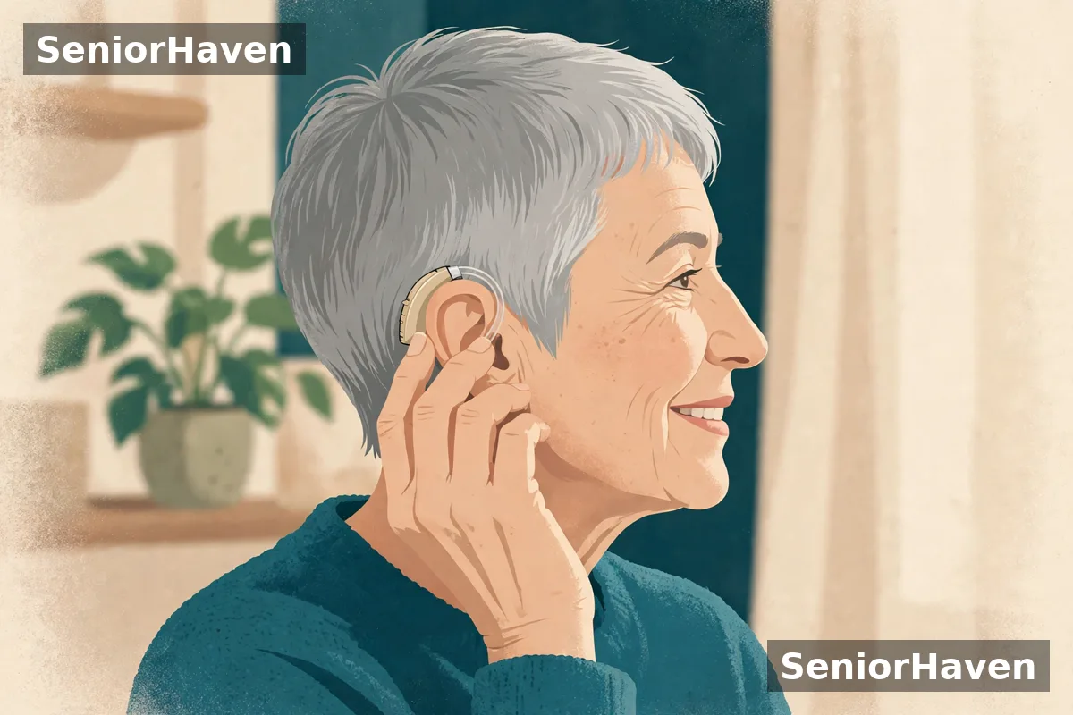 Illustration of an older woman smiling while adjusting a small behind-the-ear hearing aid