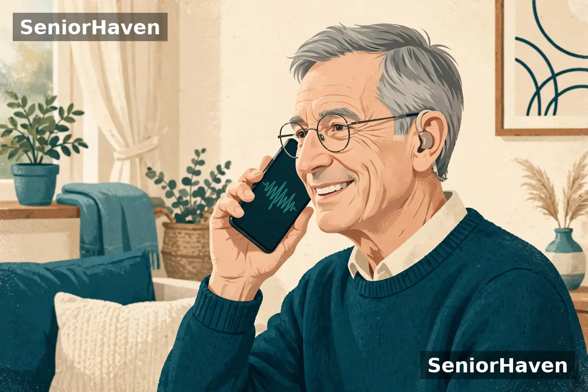 Illustration of an older person holding a phone to the ear while wearing a hearing aid, with a sound-wave graphic on the phone screen