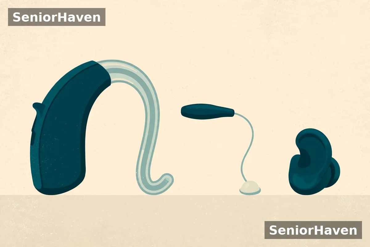 Illustration comparing behind-the-ear, receiver-in-canal, and in-the-ear hearing aid styles side by side