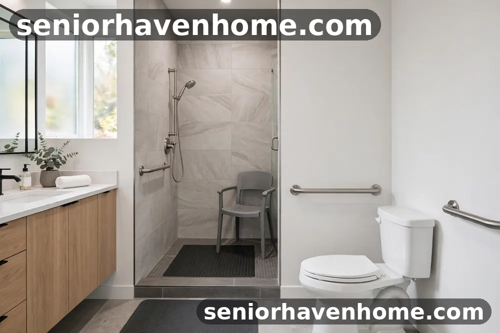 A bathroom with grab bars beside the toilet and in the shower, a non-slip mat, and a shower chair