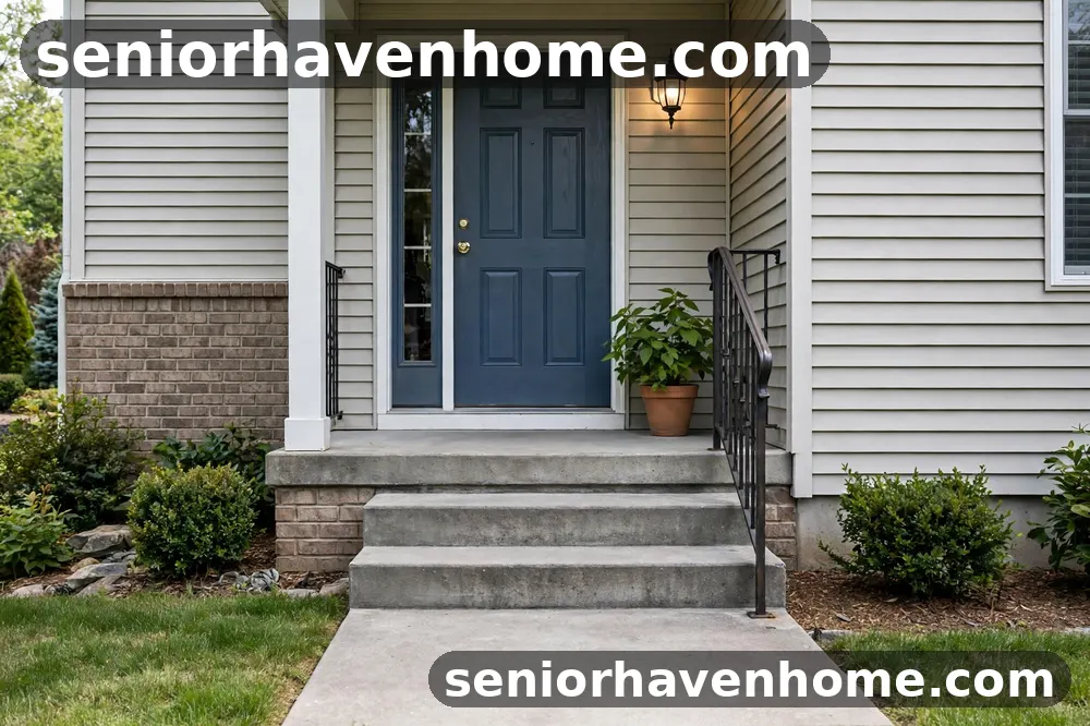 The front entry of an American home with a sturdy handrail beside the steps and a lit porch