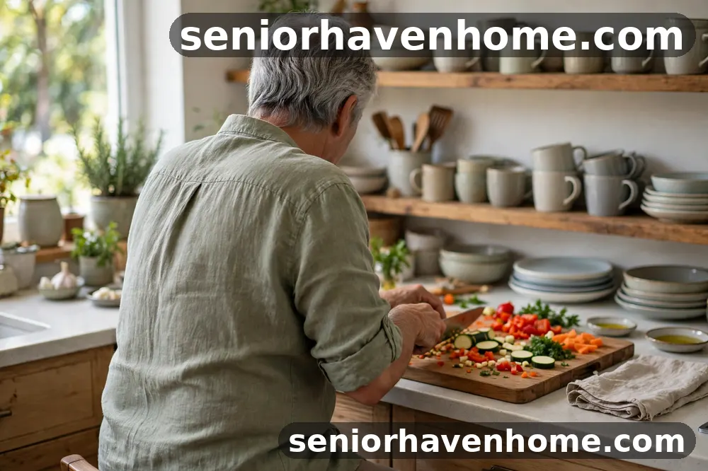 An older adult preparing food while seated at a kitchen counter, with everyday items stored at waist height