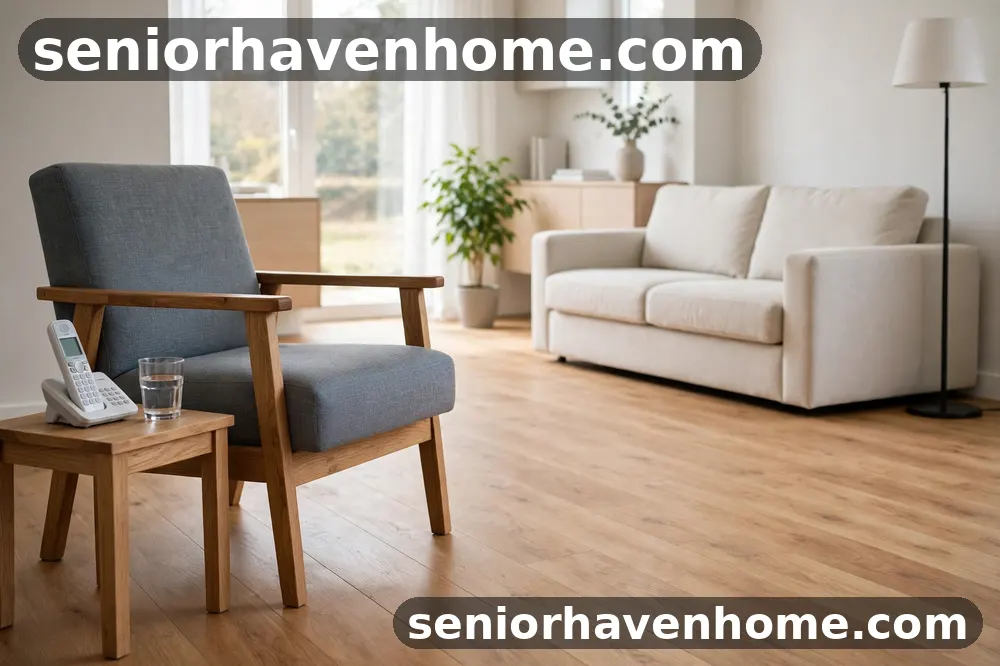 A bright living room with a firm armchair, a clear walking path, and a phone within reach on a side table