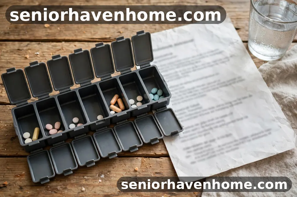 A weekly pill organizer and a printed medicine list on a kitchen table beside a glass of water