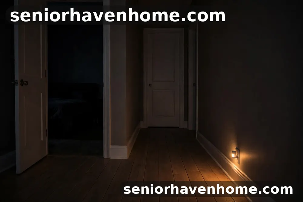 A dark hallway lit by a warm motion-activated night light, with a clear path from a bedroom door to a bathroom