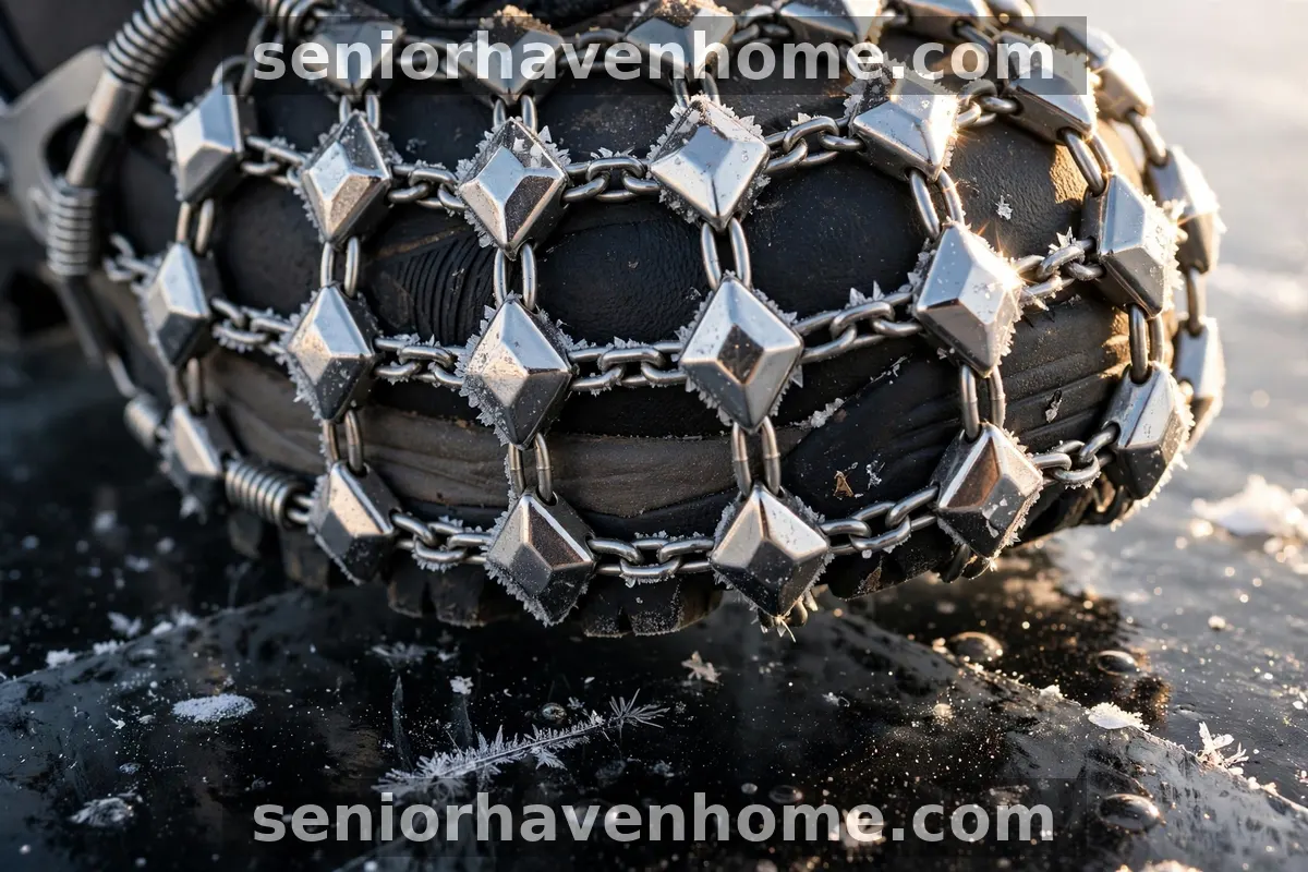 Close-up of diamond-shaped steel beads on a chain ice grip standing on black ice
