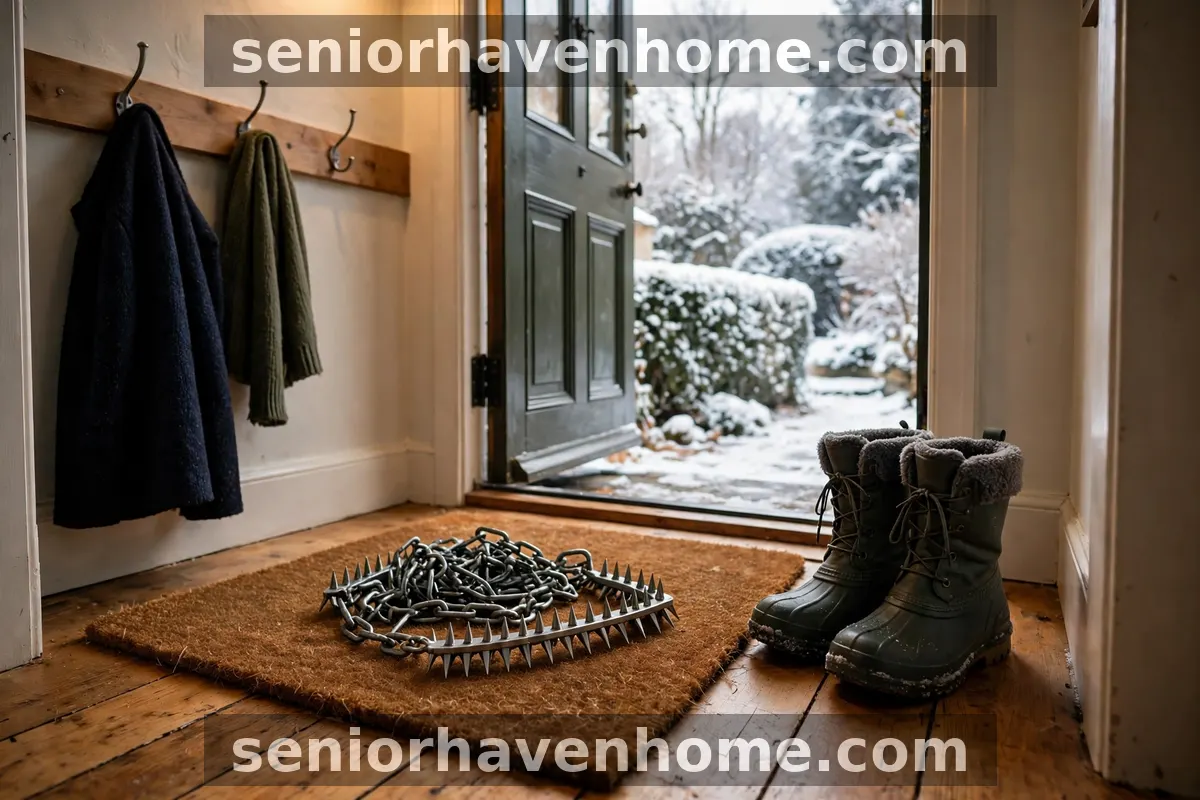 Chain ice grips resting on a doormat beside a pair of boots at a front door, with snow outside